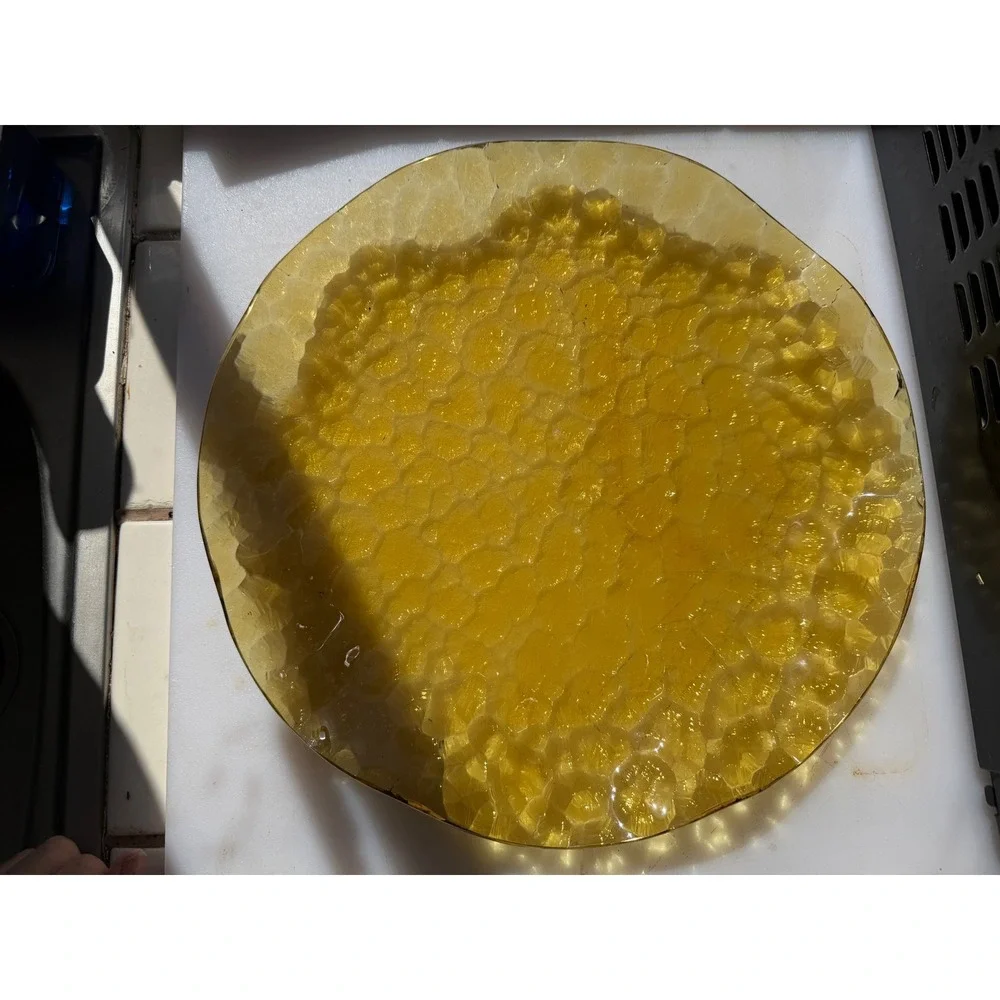 Vtg. Glass Serving Plate Amber Hammered Scalloped MCM Retro Decor